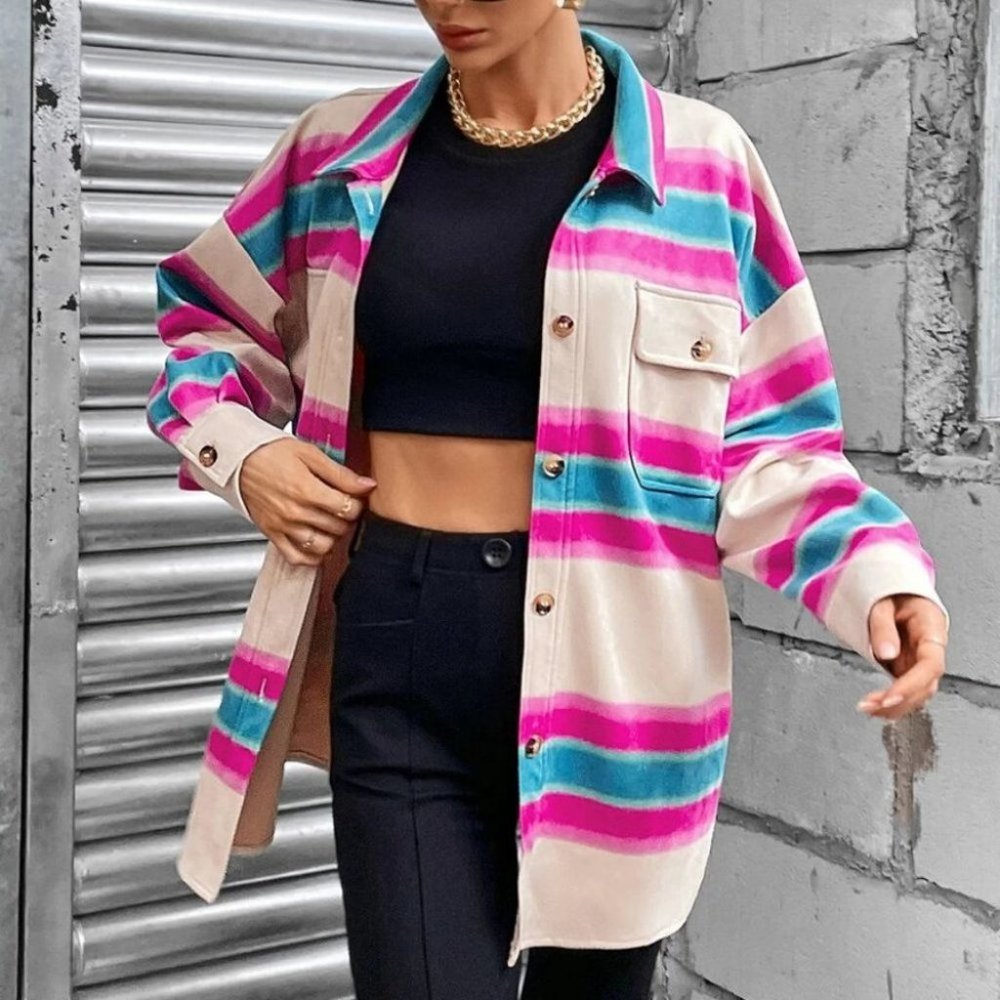 Striped Print Button down Shacket shirt jacket Coat - Picture 4 of 6